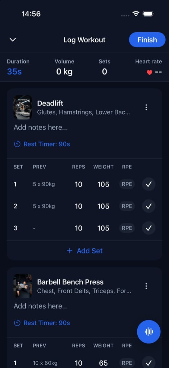 Logging a set in the Gymlab app